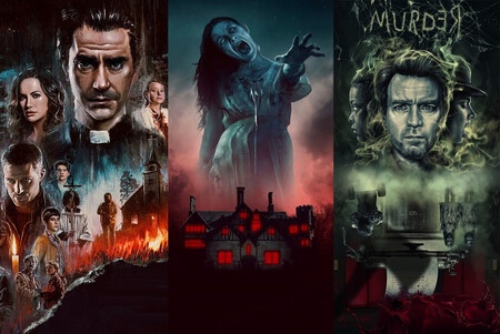 posters de series y peliculas realizadas por Mike Flanagan, en las que se encuentran: Misa de medianoche, La Maldición de Hill House y Doctor Sueño